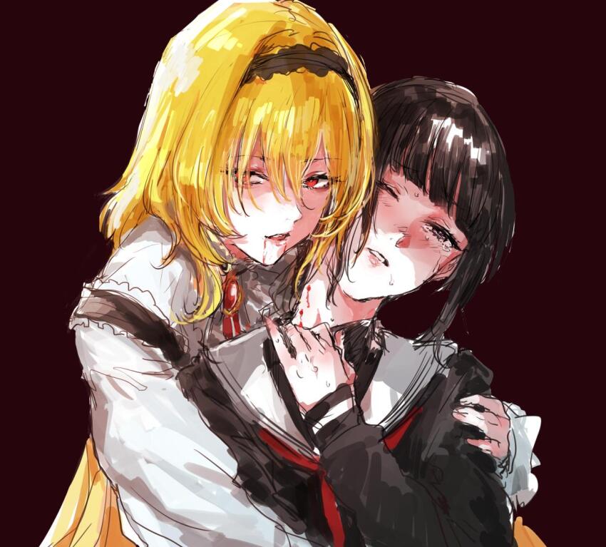 2girls behind_another bite_mark bite_mark_on_neck black_eyes black_hair black_hairband black_shirt bleeding blonde_hair blood blood_on_face blunt_bangs blush brooch crying crying_with_eyes_open frown hair_over_one_eye hairband hand_on_another&#039;s_shoulder hand_on_own_neck idolmaster idolmaster_cinderella_girls idolmaster_cinderella_girls_starlight_stage jewelry kurosaki_chitose light_smile long_hair long_sleeves looking_at_viewer multiple_girls neckerchief one_eye_closed osakana_(denpa_yun&#039;yun) parted_lips red_background red_eyes red_neckerchief sailor_collar shirayuki_chiyo shirt short_hair simple_background tears undershirt upper_body vampire vampire_bite white_sailor_collar white_shirt