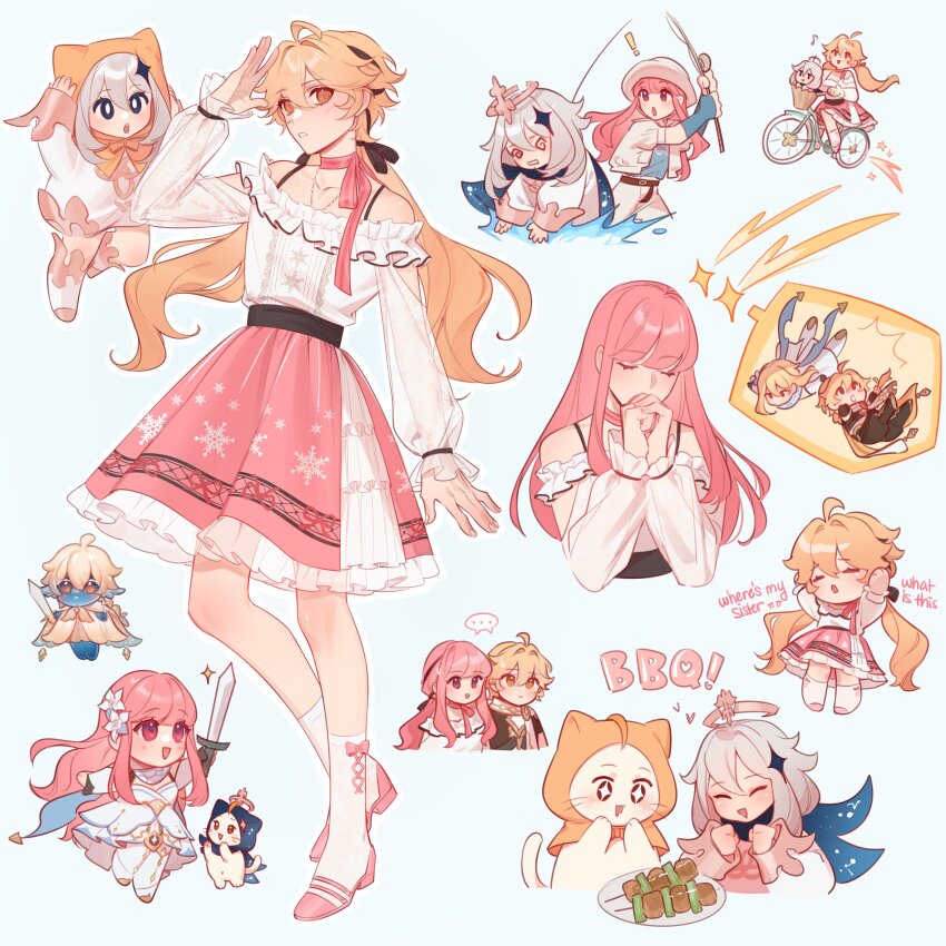 +_+ ... 1boy 3girls @_@ ^_^ absurdres aether_(genshin_impact) ahoge animal_ear_hood animal_ears animal_print ankle_socks arm_cutout bare_shoulders belt belt_buckle bicycle bicycle_basket black_belt black_bow black_pants black_ribbon blonde_hair blue_background blue_cape blue_cloak blue_shirt blunt_bangs boots bow bow_choker bow_legwear bowtie bra_strap brother_and_sister brown_eyes brown_hat buckle buttons cape cat cat_ears center_frills choker cloak closed_eyes collar collarbone commentary cosplay cross-laced_clothes cross-laced_legwear crossdressing crossover detached_collar dress ear_covers english_commentary english_text eyelashes faewish_sprite fake_animal_ears falling fish_print fishing fishing_rod flower frilled_dress frilled_shirt frilled_skirt frilled_sleeves frills genshin_impact grey_hair hair_between_eyes hair_bow hair_flower hair_ornament hair_ribbon hair_undone halo hat high_heels highres holding holding_fishing_rod holding_sword holding_weapon hood hood_up hooded_cloak infinity_nikki jacket knee_boots knees layered_skirt light_blush long_hair long_sleeves low_twintails lumine_(genshin_impact) lumine_(genshin_impact)_(cosplay) medium_skirt messy_hair momo_(nikki) momo_(nikki)_(cosplay) multiple_girls multiple_views nikki_(nikki) nikki_(nikki)_(cosplay) nikki_(series) off-shoulder_shirt off_shoulder open_clothes open_jacket outline paimon_(genshin_impact) paimon_(genshin_impact)_(cosplay) pants pantyhose perfect_start_(infinity_nikki) pink_bow pink_bowtie pink_choker pink_hair pink_shoes pink_skirt pleated_skirt puffy_long_sleeves puffy_short_sleeves puffy_sleeves pumps ribbon riding riding_bicycle rippling_serenity_(infinity_nikki) see-through_clothes see-through_sleeves shared_speech_bubble shirt shoes shooting_star short_hair short_sleeves siblings sidelocks simple_background skirt sleeves_past_wrists snowflake_print snowflakes socks space_print sparkle_hair_ornament sparkling_eyes speech_bubble splashing spoken_ellipsis starry_sky_print strapless strapless_dress striped_bow striped_bowtie striped_choker striped_clothes susdish sword tress_ribbon twintails very_long_hair wading water wavy_mouth weapon whiskers white_boots white_cat white_collar white_dress white_flower white_jacket white_outline white_pants white_pantyhose white_romper white_shirt white_skirt white_socks yellow_cape yellow_cloak yellow_halo yellow_shoes