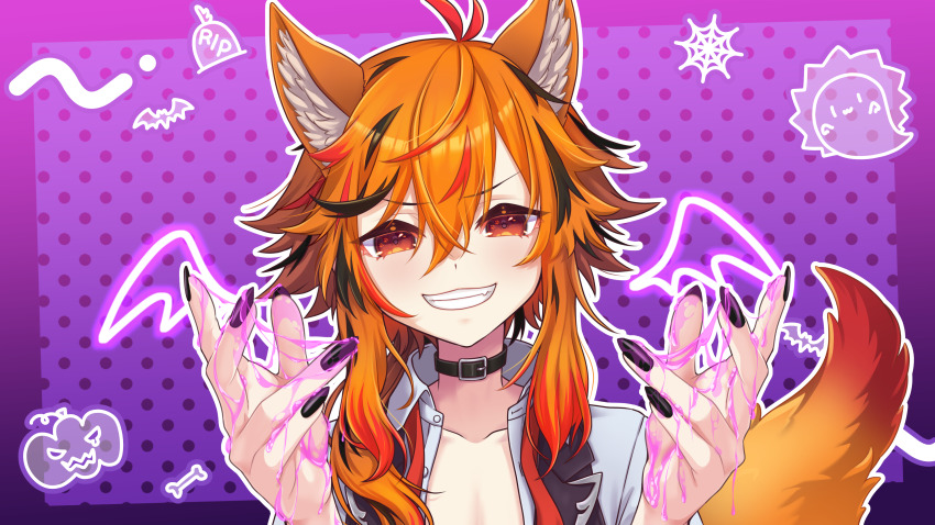 1girl absurdres animal_ears belt belt_collar black_belt black_hair black_nails black_vest collar collarbone fingernails fox_ears fox_girl fox_tail grin hair_between_eyes highres kazami_kuku kemonomimi_mode large_variant_set long_bangs long_hair looking_at_viewer multicolored_hair nail_polish nanashi_inc. open_clothes open_shirt open_vest orange_eyes orange_hair purple_background red_hair reona_kfc02 shirt slime_(substance) smile solo tail upper_body v-shaped_eyebrows variant_set vest virtual_youtuber white_shirt