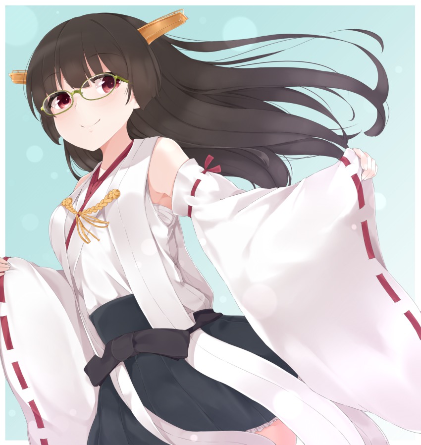 1girl bare_shoulders black_hair choukai_(kancolle) cosplay detached_sleeves female_focus glasses hairband highres japanese_clothes kantai_collection kirishima_(kancolle) kirishima_(kancolle)_(cosplay) long_hair nontraditional_miko red_eyes skirt smile solo yukichi_(sukiyaki39)