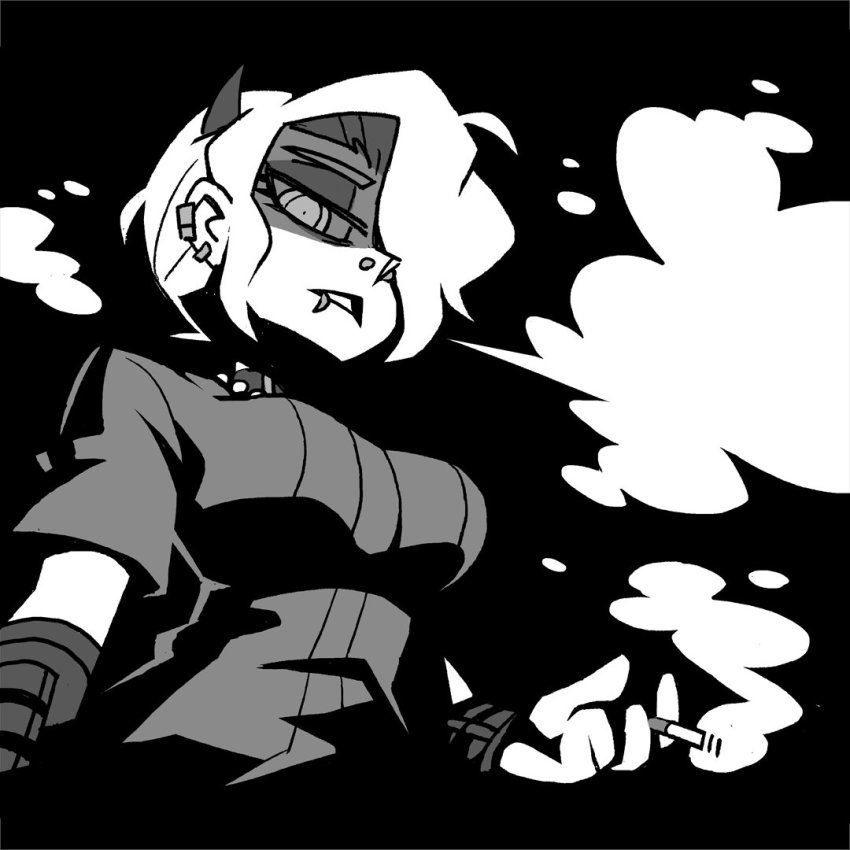 1girl black_background breasts cigarette commentary demon_girl demon_horns greyscale hair_over_one_eye helltaker horns large_breasts looking_at_viewer monochrome shirt short_hair short_sleeves simple_background smoke solo vanripper zdrada_(helltaker)