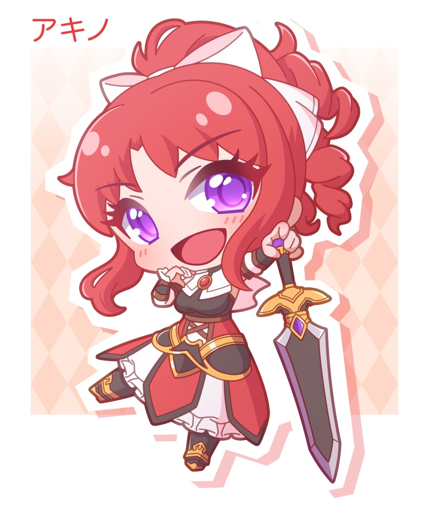 1girl :d absurdres akino_(princess_connect!) argyle_background black_boots black_shirt blush boots bow breasts chibi commentary_request frilled_skirt frills full_body hair_bow highres holding holding_sword holding_weapon looking_at_viewer medium_breasts open_mouth outline ponytail princess_connect! purple_eyes red_hair saishosaisekojo shirt skirt smile solo sword weapon white_bow white_outline white_skirt