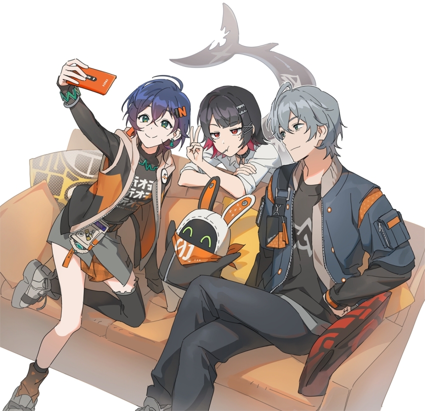 1boy 2girls angduuuu_(ghost) belle_(zenless_zone_zero) black_hair blue_hair brother_and_sister closed_mouth couch earrings ellen_joe eous_(zenless_zone_zero) fins fish_tail full_body green_eyes grey_hair hair_between_eyes hair_ornament hairclip holding holding_phone jewelry multiple_girls on_couch phone red_eyes shark_girl shark_tail shirt short_hair siblings sidelocks simple_background sitting sleeves_rolled_up smile tail v white_background white_shirt wise_(zenless_zone_zero) zenless_zone_zero