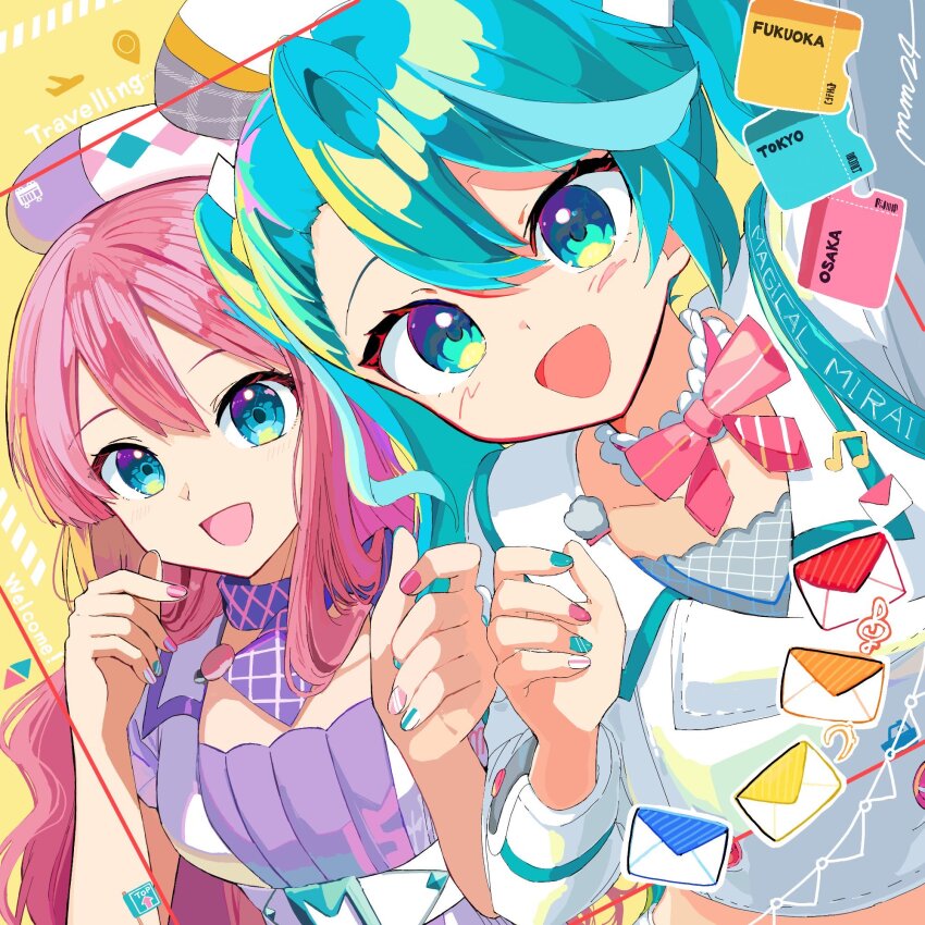 beamed_eighth_notes beret blue_eyes blue_hair bow breasts collarbone commentary_request dutch_angle english_text envelope hair_between_eyes hat hatsune_miku highres jacket long_hair magical_mirai_luka magical_mirai_luka_(2024) medium_breasts megurine_luka musical_note nail_polish pentagon_(railgun_ky1206) pink_bow pink_hair signature treble_clef twintails upper_body very_long_hair vocaloid white_hat white_jacket yellow_background
