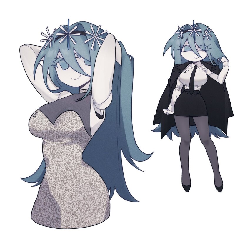 1girl air_zizon android arms_up bare_arms black_coat black_necktie black_skirt blue_eyes blue_hair breasts brown_pantyhose closed_mouth coat coat_on_shoulders colored_skin dream_game dress eunoia_(dream_game) highres large_breasts long_hair looking_to_the_side mafioso_(dream_game) multiple_views necktie pantyhose pencil_skirt roblox skirt smile strapless strapless_dress very_long_hair white_dress white_skin