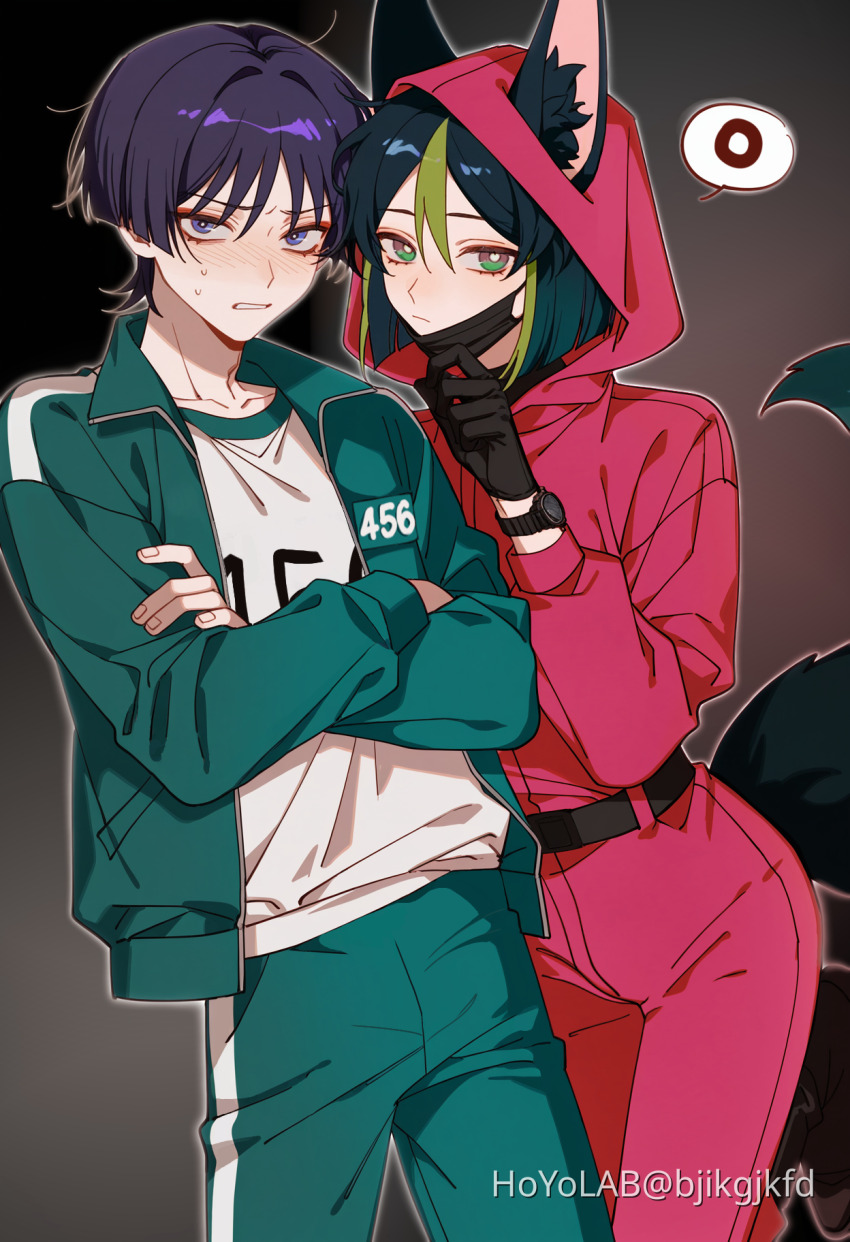 2boys alternate_costume alternate_universe animal_ears aqua_jacket aqua_pants belt bishounen bjikgjkfd black_background black_belt black_gloves black_mask blunt_ends bright_pupils clenched_teeth closed_mouth cowboy_shot crossed_arms crossover ears_through_hood fox_boy fox_ears fox_tail furrowed_brow genshin_impact gloves gradient_background green_eyes green_hair hand_up highres hood hood_up hooded_jumpsuit hoyolab_username jacket jumpsuit long_sleeves looking_at_viewer lower_eyelashes_only male_focus mask mask_pull mouth_mask multiple_boys no_headwear open_clothes open_jacket outline pants parted_lips pink_jumpsuit purple_hair scaramouche_(genshin_impact) shirt shirt_partially_tucked_in side-by-side spoken_o squid_game standing sweatdrop tail teeth tighnari_(genshin_impact) wanderer_(genshin_impact) watch white_outline white_pupils white_shirt worker_(squid_game) wristwatch