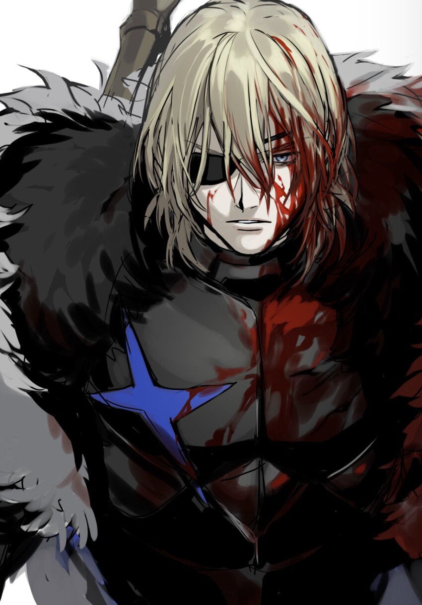 1boy armor black_armor black_fur blonde_hair blood blood_in_hair blood_on_armor blood_on_face blue_eyes breastplate commentary_request dimitri_alexandre_blaiddyd dimitri_alexandre_blaiddyd_(timeskip) eyepatch fire_emblem fire_emblem:_three_houses hair_between_eyes highres komiya_kuniharu looking_ahead male_focus nintendo one_eye_covered parted_lips simple_background solo teeth white_background white_fur
