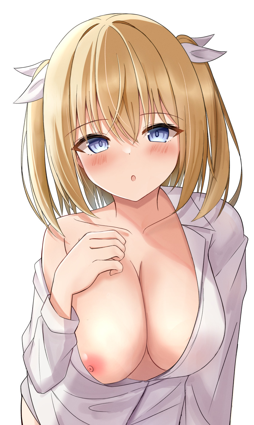 1girl :o absurdres arm_at_side blonde_hair blue_eyes blush breasts breasts_out bright_pupils cleavage collarbone collared_shirt commentary dress_shirt eyes_visible_through_hair hair_between_eyes hair_ribbon hand_up highres large_breasts leaning_forward long_sleeves looking_at_viewer medium_hair naked_shirt nipples onda_nei open_mouth ribbon sakura_no_toki sakura_no_uta shirt sidelighting simple_background single_bare_shoulder solo takagi-18102817 tsurime two_side_up upper_body white_background white_ribbon white_shirt