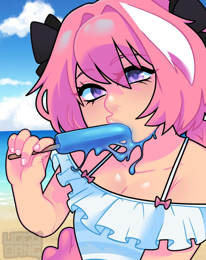 1boy astolfo_(fate) astolfo_(sparkling_frills)_(fate) bare_shoulders beach bikini black_bow blue_sky bow braid cloud crossdressing crossdressing_(mtf) dripping eyelashes fate/extella fate/extella_link fate/extra fate_(series) food food_in_mouth frilled_bikini frills hair_bow hair_intakes hand_up highres holding holding_food holding_popsicle long_braid long_hair looking_at_viewer male_focus melting_popsicle multicolored_hair ocean off-shoulder_bikini off_shoulder phallic_symbol pink_hair polo popsicle popsicle_in_mouth purple_eyes sexually_suggestive single_braid sky solo spaghetti_strap streaked_hair swimsuit trap uggu_bang water