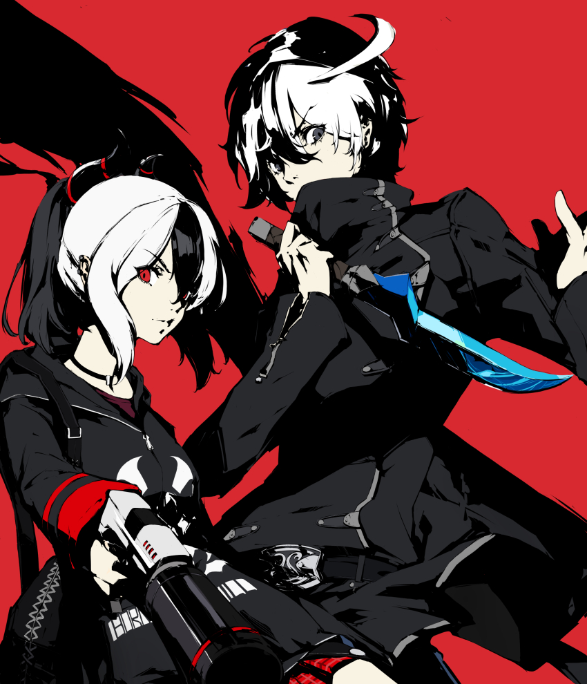 1boy 1girl absurdres backpack bag belt black_coat black_hair black_hoodie blue_archive coat color_connection commission commissioner_upload crossover dagger fighting_stance grey_eyes gun h&amp;k_p30 hair_color_connection handgun highres hood hoodie kayoko_(blue_archive) knife looking_at_viewer multicolored_hair neo_(blazykun) non-web_source parody red_background red_eyes serious seth_(under_night_in-birth) soejima_shigenori_(style) style_parody trait_connection two-tone_hair under_night_in-birth weapon white_hair