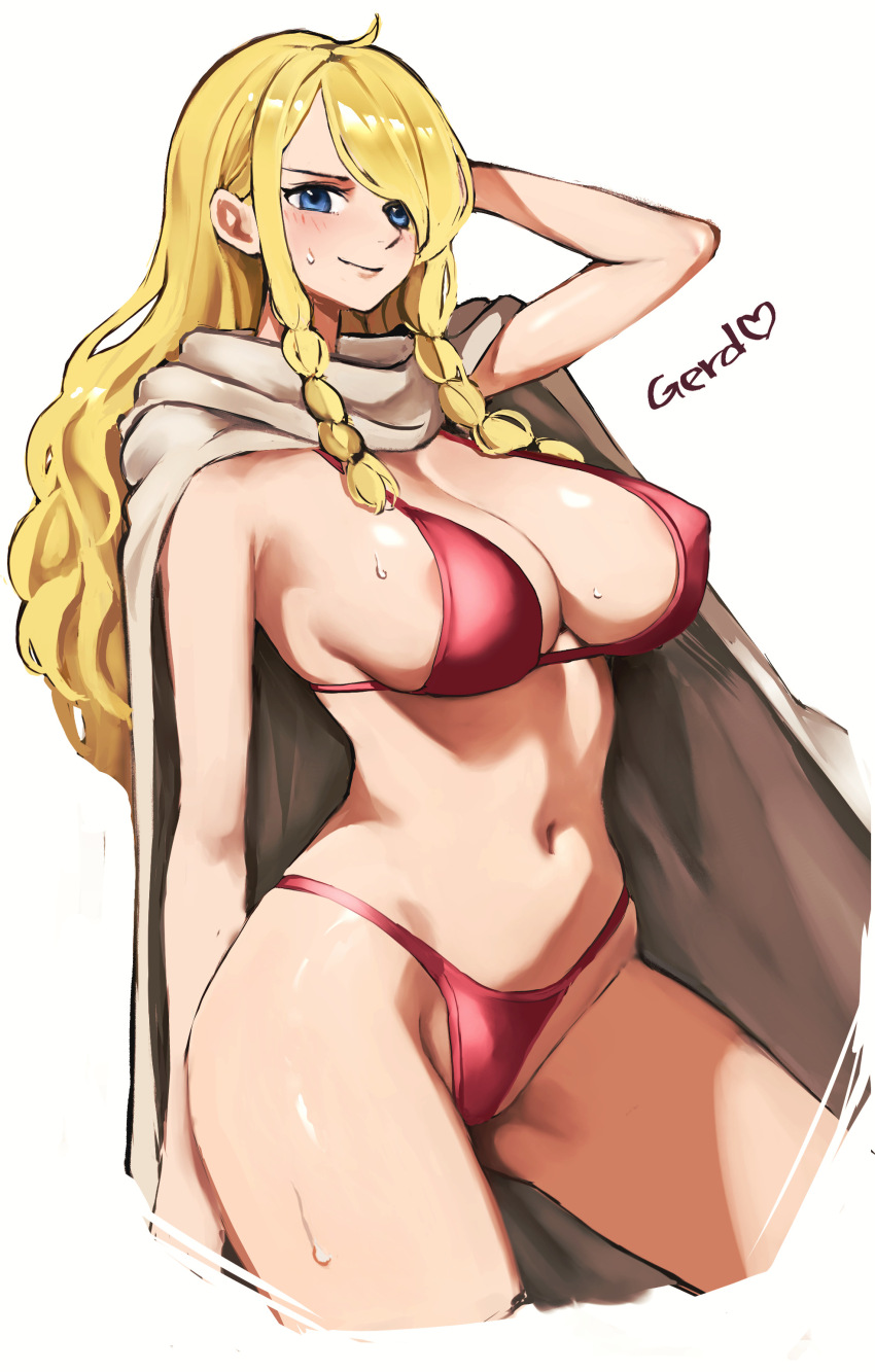 1girl absurdres areola_slip arm_behind_head bikini blonde_hair blue_eyes braided_sidelocks breasts brown_capelet capelet character_name closed_mouth commentary_request contrapposto cropped_legs gerd_(one_piece) heart highres kasumi_6 large_breasts long_hair looking_at_viewer navel one_piece red_bikini simple_background smile solo stomach swimsuit white_background
