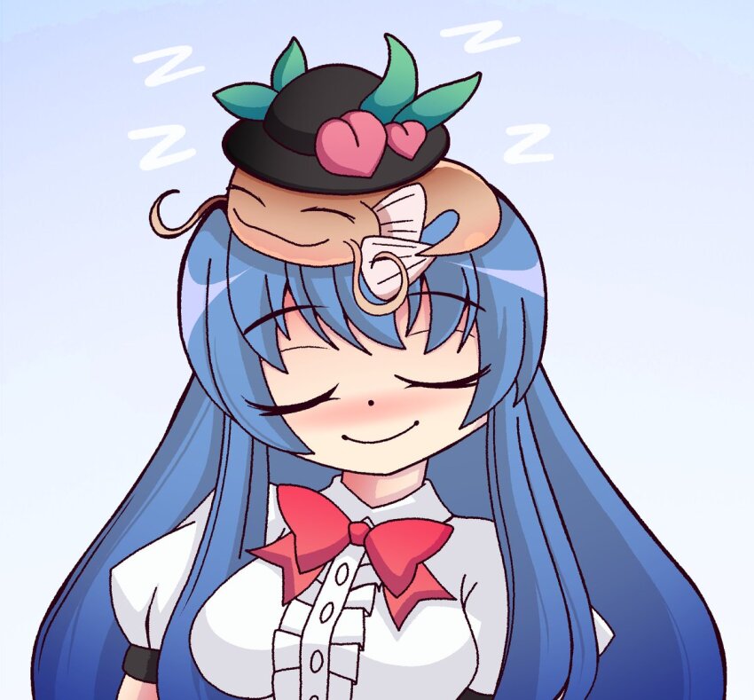 1girl animal animal_on_head black_headwear blue_background blue_hair bow bowtie breasts catfish closed_eyes closed_mouth commentary commission english_commentary facing_viewer fish gradient_background hinanawi_tenshi long_hair medium_breasts namazu_(touhou) on_head red_bow red_bowtie ruihill short_sleeves sleeping smile touhou upper_body zzz