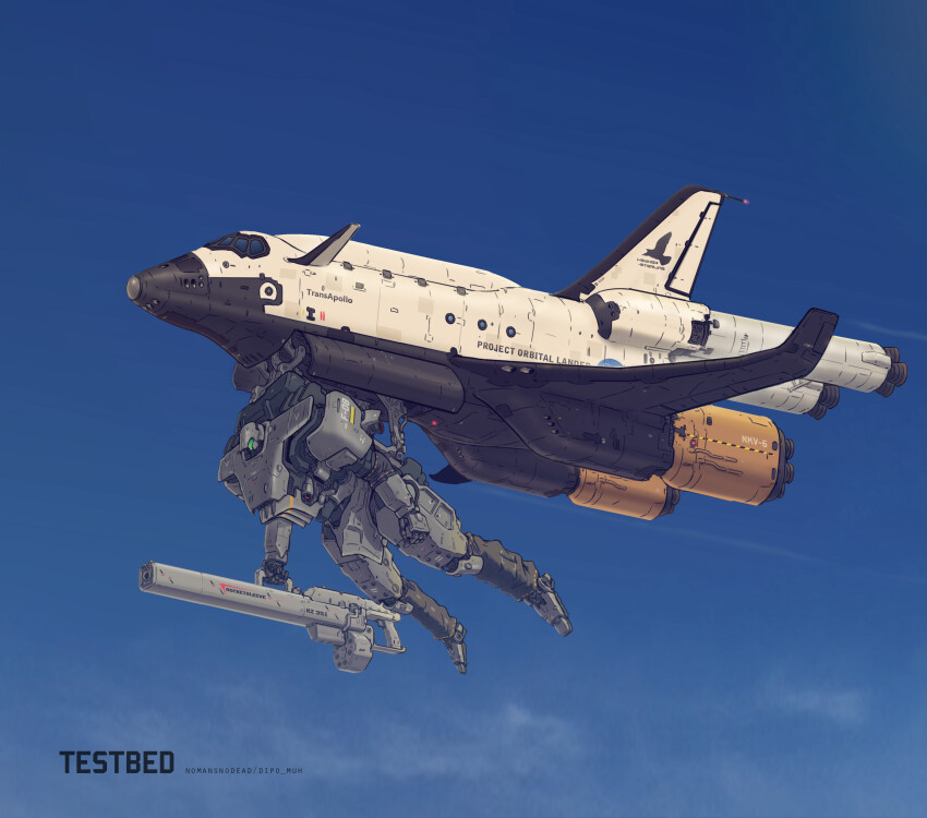 absurdres assault_visor blue_sky canards commentary day english_commentary gun highres holding holding_gun holding_weapon insignia logo mecha nasa nasa_logo no_humans nomansnodead original outdoors redesign robot science_fiction sky space_shuttle spacecraft vehicle_focus weapon