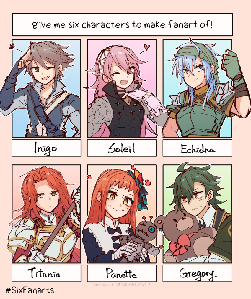 1boy 5girls ;d alonemistrist aqua_eyeshadow armor bandaged_hand bandages blue_hair breastplate brown_hair character_name closed_mouth echidna_(fire_emblem) eyeliner eyeshadow facial_mark father_and_daughter fingerless_gloves fire_emblem fire_emblem:_path_of_radiance fire_emblem:_the_binding_blade fire_emblem_awakening fire_emblem_engage fire_emblem_fates gambeson gloves green_eyes green_gloves green_hair gregory_(fire_emblem) grey_eyes hair_between_eyes hair_ornament hairband heart highres inigo_(fire_emblem) long_hair long_sleeves looking_at_viewer makeup multiple_drawing_challenge multiple_girls nintendo one_eye_closed open_mouth panette_(fire_emblem) pink_eyes pink_hair red_eyeliner red_eyes red_hair salute short_bangs short_hair shoulder_armor shoulder_spikes six_fanarts_challenge smile soleil_(fire_emblem) spikes stitched_mouth stitches stuffed_animal stuffed_toy teddy_bear titania_(fire_emblem) voodoo_doll white_gloves yellow_eyes