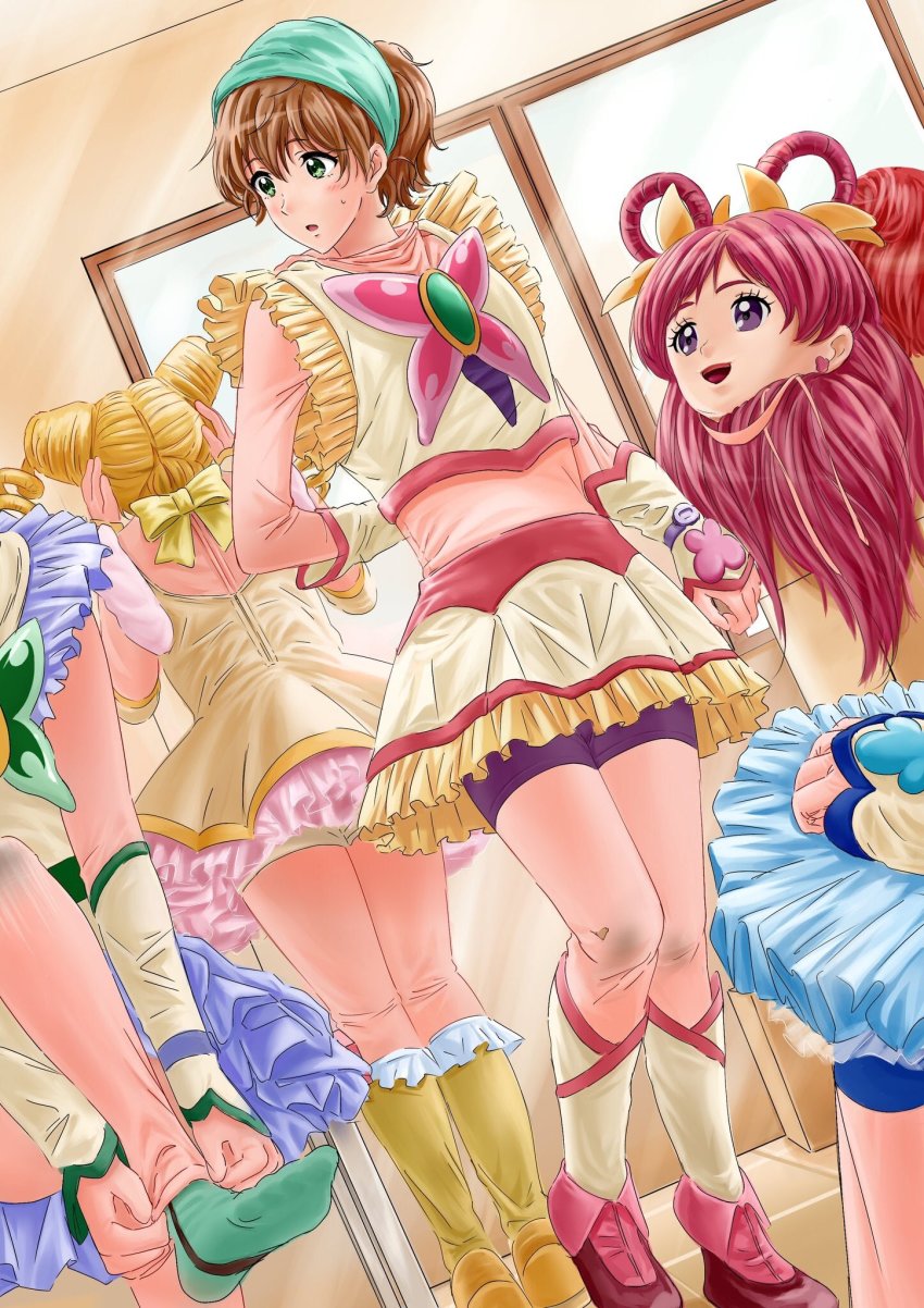 4girls anigurum animegao blonde_hair blush bob_cut bodysuit bodysuit_under_clothes boots brown_hair cone_hair_bun cosplay costume cure_aqua cure_aqua_(cosplay) cure_dream cure_dream_(cosplay) cure_lemonade cure_lemonade_(cosplay) cure_mint cure_mint_(cosplay) dress dressing dressing_room from_behind green_eyes hair_bun highres idol indoors kigurumi kneehighs legs long_hair mirror multiple_girls open_mouth precure purple_eyes red_hair short_hair short_shorts shorts sitting socks standing standing_on_one_leg sweat sweatdrop thighs yes!_precure_5 zipper