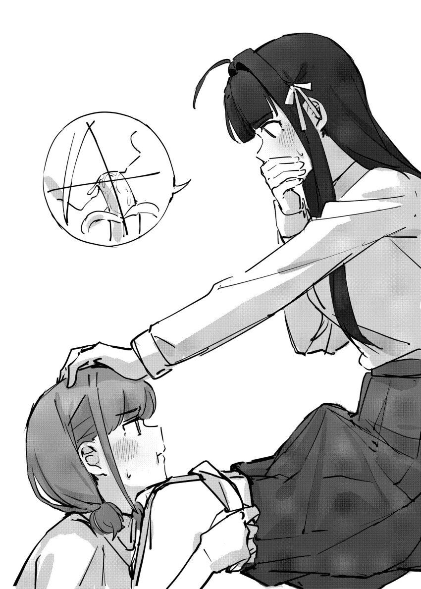1futa 1girl ahoge awa_subaru banana blush bulge commentary covering_own_mouth erection erection_under_clothes fafayu food fruit futa_with_female futanari girls_band_cry greyscale hair_ribbon hand_on_another&#039;s_head highres iseri_nina long_hair long_sleeves looking_at_another low_twintails monochrome panties panty_pull pleated_skirt pout ribbon sexually_suggestive shirt_tucked_in short_twintails sidelocks skirt sweatdrop symbol-only_commentary twintails underwear yuri