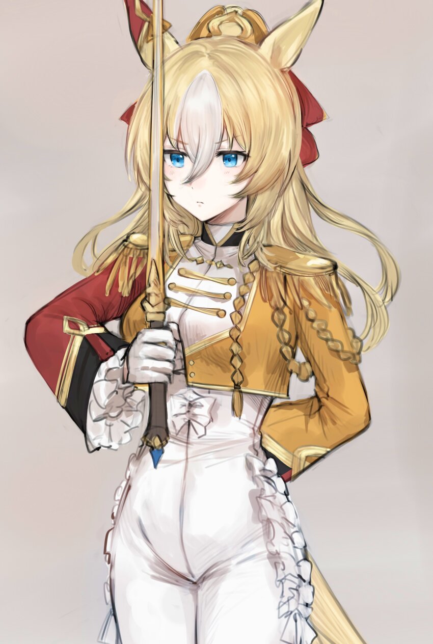 1girl absurdres aburi-gatana animal_ears arm_behind_back blonde_hair bodysuit breasts closed_mouth cowboy_shot durandal_(umamusume) epaulettes gloves grey_background hair_between_eyes highres holding holding_sword holding_weapon horse_ears horse_girl horse_tail jacket long_hair long_sleeves multicolored_hair ponytail small_breasts solo standing streaked_hair sword tail umamusume v-shaped_eyebrows weapon white_bodysuit white_gloves yellow_jacket