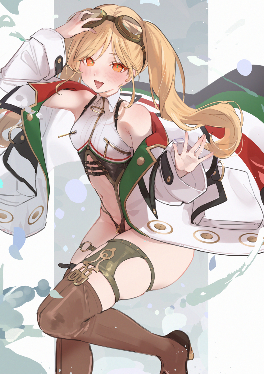 1girl absurdres arm_up armpits azur_lane bare_shoulders blonde_hair boots breast_zipper brown_boots brown_thighhighs center_opening coat collared_leotard goggles goggles_on_head highres karya leonardo_da_vinci_(azur_lane) leotard long_hair long_sleeves looking_at_viewer navel off_shoulder open_clothes open_coat open_mouth orange_eyes revealing_clothes skindentation smile solo stomach thigh_boots thighhighs thighs twintails white_coat white_leotard wing_collar