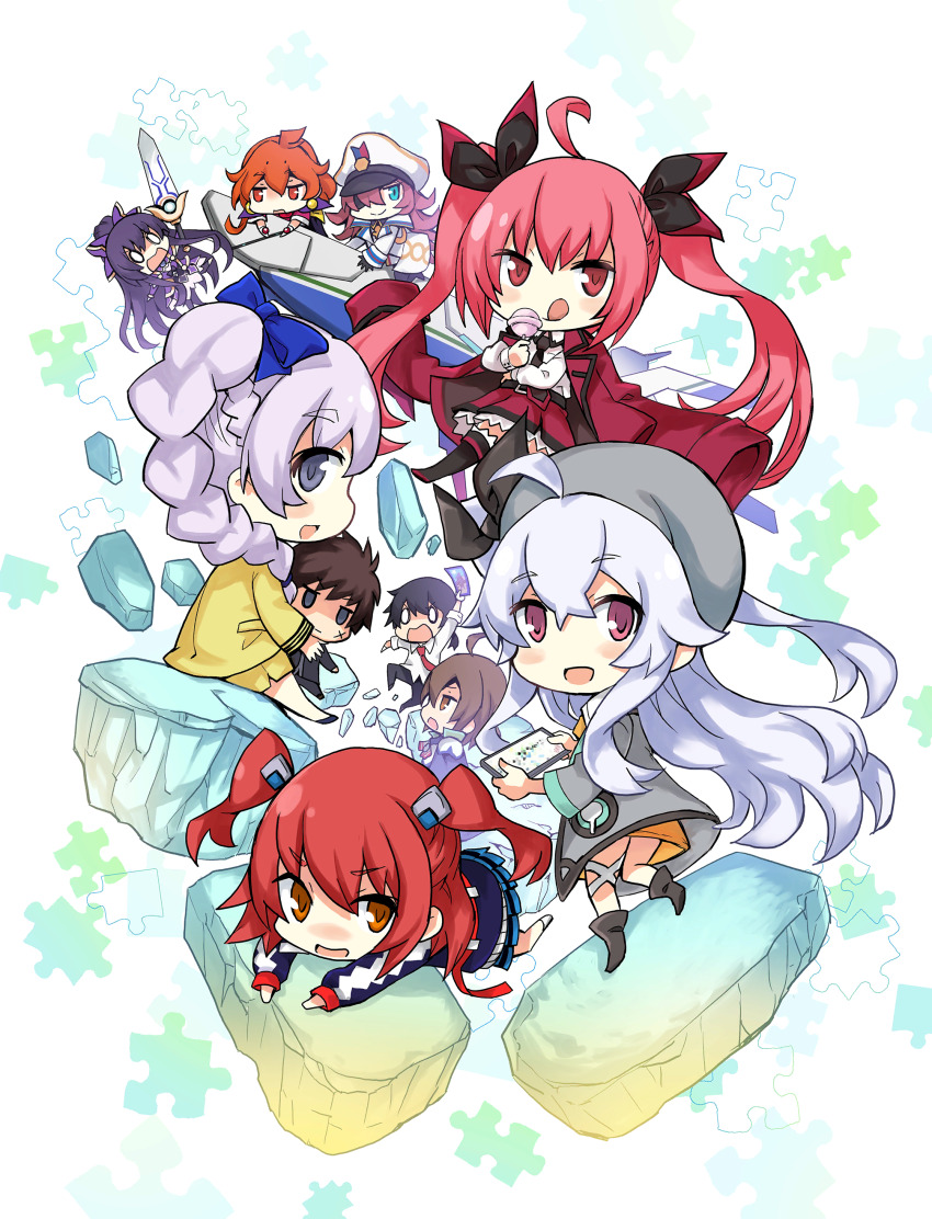 3boys 6+girls absurdres ahoge arm_up armor armored_dress bow candy character_request chibi cross_scar crossover date_a_live debris dress ende_(fantasia_re:build) fantasia_re:build floating food full_metal_panic! glenn_radars hair_between_eyes hair_ribbon hat highres holding holding_sword holding_weapon itsuka_kotori jigsaw_puzzle lina_inverse lollipop long_hair looking_at_viewer multiple_boys multiple_girls necktie official_art open_mouth orange_hair pants peaked_cap purple_eyes purple_hair puzzle red_eyes red_hair ribbon rokudenashi_majutsu_koushi_to_akashic_record sagara_sousuke scar scar_on_face shirt skirt slayers smile sword teletha_testarossa third-party_source tongue tongue_out twintails weapon white_hair yatogami_tohka