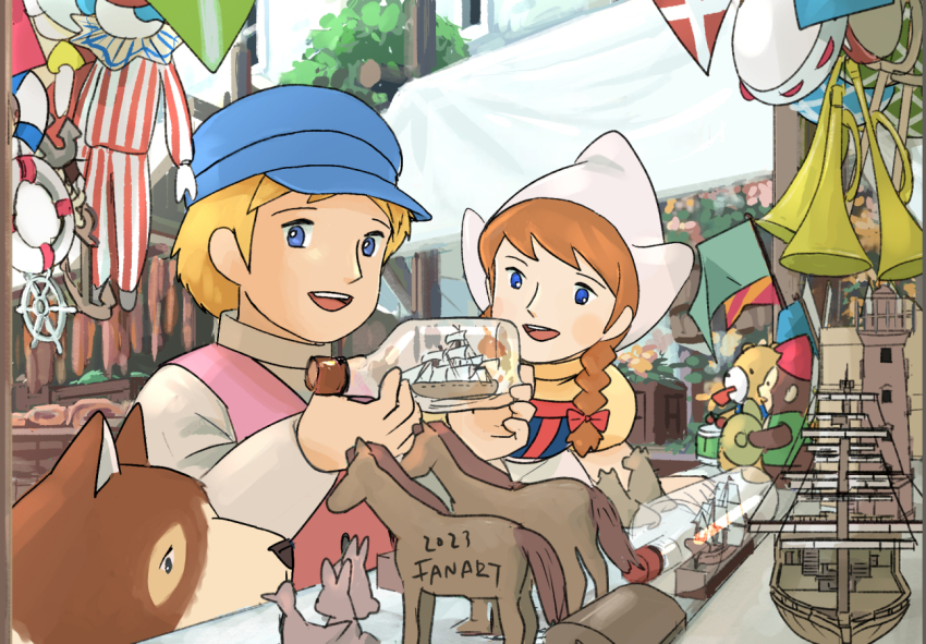 1boy 1girl a_dog_of_flanders aloise_cogez anchor_ornament blonde_hair blue_eyes blue_hair braid brown_hair bugle clown dated dog flag food hat instrument lifebuoy looking_at_viewer market nello_(a_dog_of_flanders) outdoors petrasche_(a_dog_of_flanders) pocco1224 sausage ship_in_a_bottle swim_ring tambourine toy_horse twin_braids white_hat