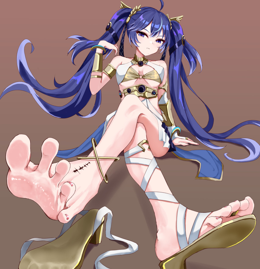 1girl absurdres barefoot blue_eyes blue_hair crossed_legs feet highres iberiko_(soinesitai) iuno_(wuthering_waves) long_hair looking_at_viewer sandals shoes soles toes twintails unworn_sandals unworn_shoes wuthering_waves