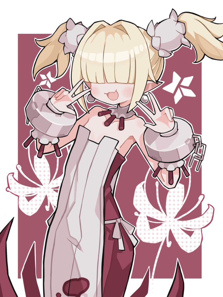 1boy :3 :d androgynous bare_shoulders blonde_hair blunt_bangs body_blush border broken broken_chain chain collar collarbone cuffs demon_boy disgaea double_w earrings fang floral_background flower hair_ornament hair_over_eyes hair_scrunchie highres holding jewelry makai_senki_disgaea_5 male_focus male_healer_(disgaea) open_mouth pointy_ears red_background red_robe robe scrunchie shackles short_hair short_twintails smile solo sphere_earrings spider_lily star_(symbol) suaman tongue trap twintails two-tone_robe w white_border white_collar white_robe white_scrunchie