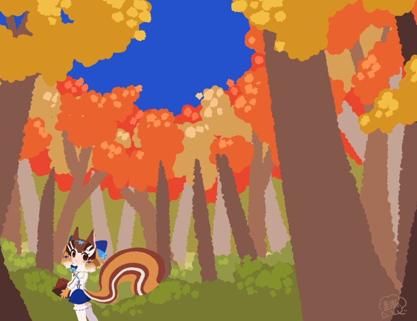 1girl animal_ears blue_sky brown_hair chipmunk_ears chipmunk_girl chipmunk_tail extra_ears forest gloves kemono_friends kemono_friends_v_project looking_at_viewer microphone mugise_hitsuji nature outdoors ribbon shirt short_hair shorts siberian_chipmunk_(kemono_friends) sky solo tail thighhighs vest virtual_youtuber