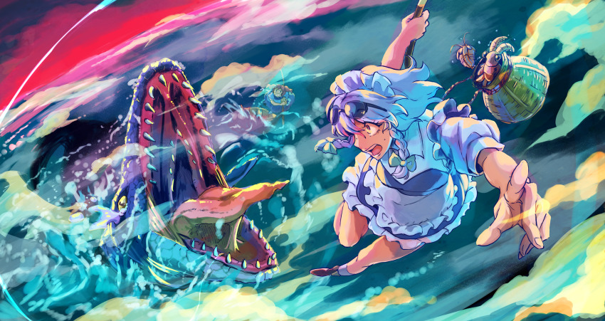 2girls :o absurdres anomalocaris braid brown_footwear brown_hair character_request colored_sclera eyewear_on_head highres huge_filesize izayoi_sakuya maid_headdress midair monster mosasaur mosasaurus multiple_girls open_mouth outdoors prehistoric_animal short_sleeves teeth tongue tongue_out touhou trilobite twin_braids water white_hair yellow_sclera yutarou