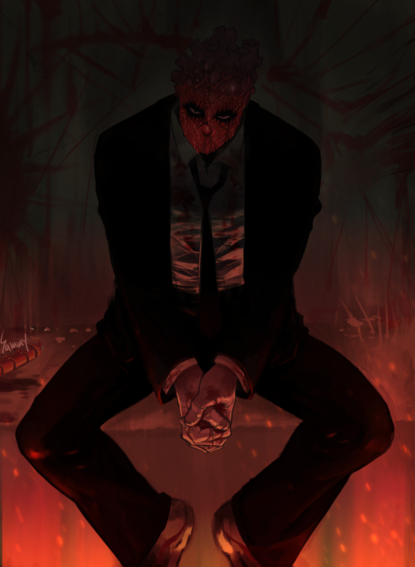 1boy black_necktie black_suit character_request dorohedoro embers formal_clothes highres looking_at_viewer male_focus necktie own_hands_clasped own_hands_together sammy_(freezingsammy) shirt sitting solo suit