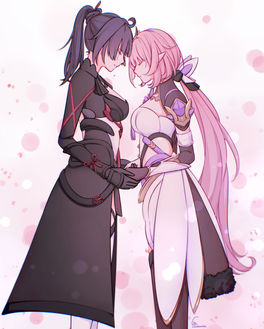 2girls absurdres artist_name breasts catandcrumbles closed_eyes closed_mouth clothing_cutout commentary crying elysia_(honkai_impact) elysia_(miss_pink_elf)_(honkai_impact) english_commentary forehead-to-forehead from_side fur_trim hair_ornament heads_together highres holding_hands honkai_(series) honkai_impact_3rd long_hair multiple_girls pink_hair pointy_ears ponytail purple_hair raiden_mei raiden_mei_(danzai_spectramancer) raiden_mei_(orochi_cuirass) signature standing tears very_long_hair