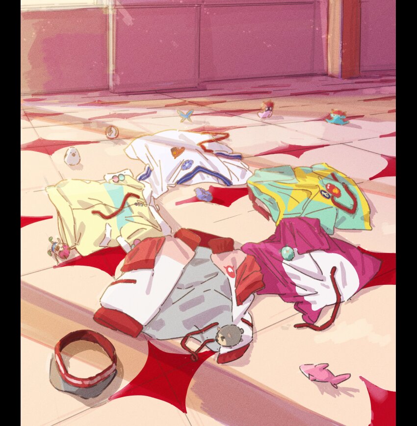 absurdres arashi_chisato commentary green_shirt hashtag-only_commentary hazuki_ren heanna_sumire highres in-universe_location jacket love_live! love_live!_superstar!! no_humans object_focus open_clothes open_jacket pink_shirt red_ribbon red_sleeves ribbon rooftop saitou_atsushi_(kamatamanankotu) shibuya_kanon shirt short-sleeved_jacket short_sleeves still_life t-shirt tang_keke unworn_jacket unworn_ribbon unworn_shirt v-neck visor_cap white_jacket white_shirt yellow_jacket