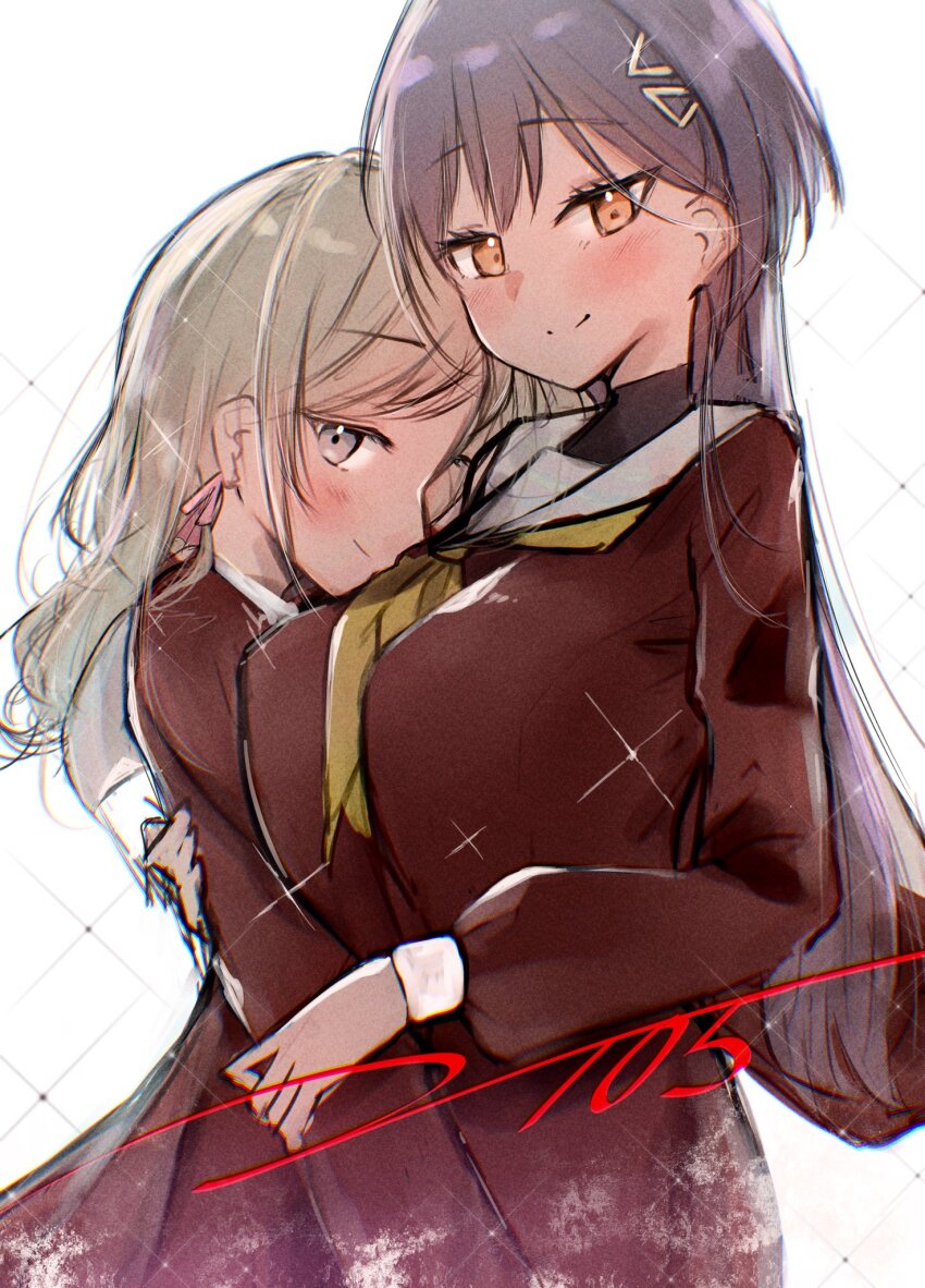 2girls alternate_breast_size blush breasts brown_dress ceras_yanagida_lilienfeld closed_mouth commentary cowboy_shot dress edel_note grey_eyes grey_hair hair_ornament hair_ribbon hasu_no_sora_school_uniform highres katsuragi_izumi large_breasts link!_like!_love_live! long_hair long_sleeves looking_at_viewer love_live! multiple_girls neckerchief neckerchief_between_breasts orange_eyes pink_ribbon profile ribbon sailor_collar sailor_dress school_uniform sidelocks simple_background smile split_mouth syoma_(1026syoma) triangle_hair_ornament virtual_youtuber white_background white_sailor_collar winter_uniform wolf_cut yellow_neckerchief