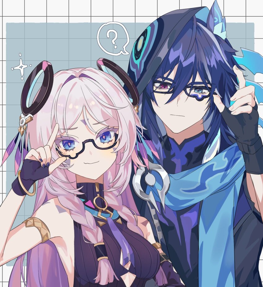 1boy 1girl ? animal_ear_fluff animal_ears bare_shoulders bat_ears black_gloves black_hood black_jacket black_leotard blue_eyes blue_hair blush braid breasts citlali_(genshin_impact) closed_mouth facial_mark fingerless_gloves forehead_mark genshin_impact glasses gloves grandmother_and_grandson hair_between_eyes hair_ornament heterochromia highres hood hood_up jacket leotard long_hair looking_at_viewer multicolored_hair ororon_(genshin_impact) pink_hair pink_pupils smile triangle triangle_facial_mark twin_braids wamin white_background