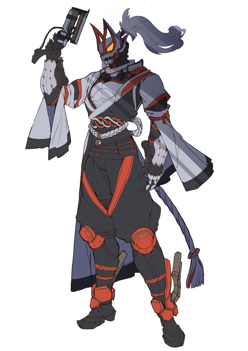 1boy absurdres adapted_costume animal_ears armor armored_boots boots catball1994 desire_driver exhaust_pipe fox_ears full_body gauntlets glowing glowing_eyes gun helm helmet highres holding holding_gun holding_weapon japanese_clothes kamen_rider kamen_rider_geats kamen_rider_geats_(series) magnum_boost magnum_shooter_40x orange_armor ponytail simple_background solo tokusatsu weapon white_armor white_background white_hair