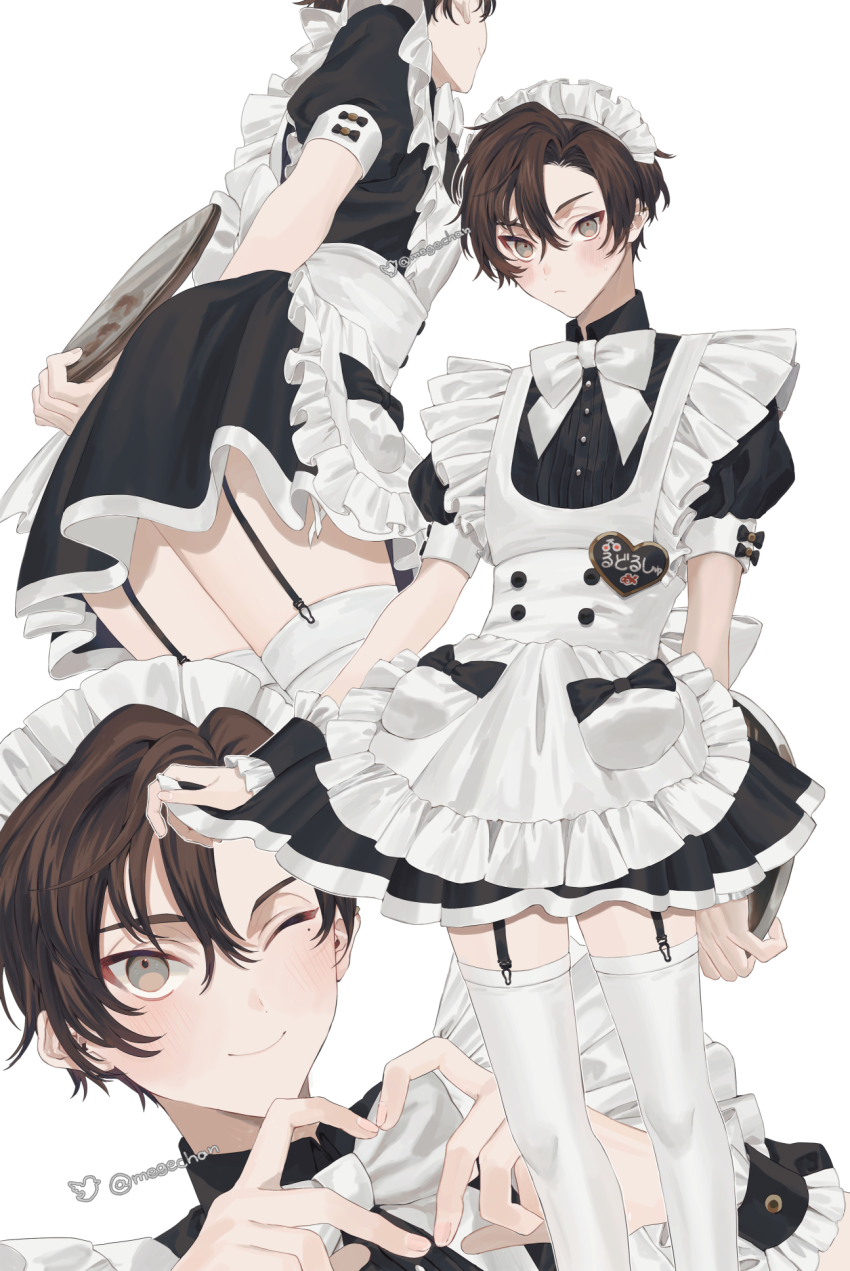 1boy apron black_dress bow bowtie brown_hair closed_mouth commentary_request crossdressing dress frilled_apron frills garter_straps grey_eyes heart heart_hands highres holding holding_tray looking_at_viewer maid maid_apron maid_headdress male_focus mege_(megechan) mole mole_under_eye multiple_views one_eye_closed original puffy_short_sleeves puffy_sleeves short_hair short_sleeves simple_background smile thighhighs tray twitter_username white_apron white_background white_bow white_bowtie white_legwear