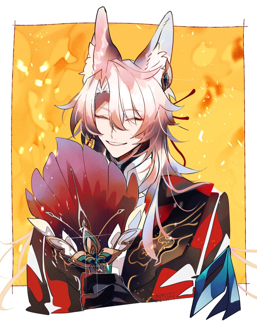 1boy absurdres animal_ear_fluff animal_ears bishounen black_gloves chinese_clothes closed_eyes fox_boy fox_ears gloves hand_fan highres honkai:_star_rail honkai_(series) jiaoqiu_(honkai:_star_rail) male_focus pink_hair short_hair smile solo u_5ham0 upper_body