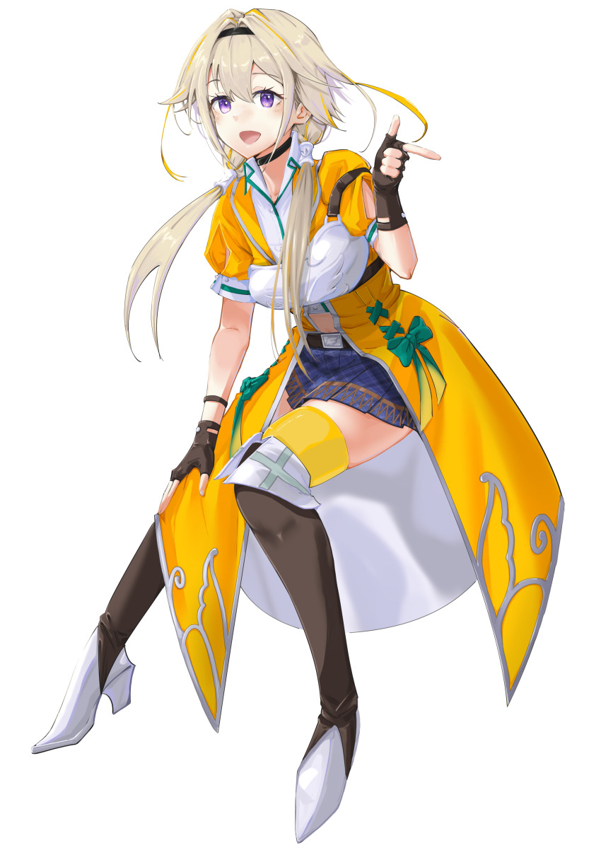 1girl :d absurdres belt black_choker black_hairband blonde_hair blue_skirt blush boots bow brown_belt brown_boots brown_gloves choker coat collared_shirt commentary_request finger_gun fingerless_gloves fold-over_boots full_body gloves green_bow hair_between_eyes hair_intakes hair_over_shoulder hair_tubes hairband hand_on_own_knee hand_up high_heel_boots high_heels highres hiyoku_no_crosspiece ieiri_popo ieiri_popo_(1st_costume) knee_boots long_hair looking_at_viewer low_twintails miniskirt multicolored_hair muneate nanashi_inc. navel open_clothes open_coat open_mouth plaid_clothes plaid_skirt pleated_skirt pointing purple_eyes sankyo_(821-scoville) shirt short_sleeves simple_background skirt smile solo streaked_hair thighhighs twintails two-tone_hair virtual_youtuber white_background white_boots white_shirt wrist_straps yellow_coat yellow_thighhighs zettai_ryouiki