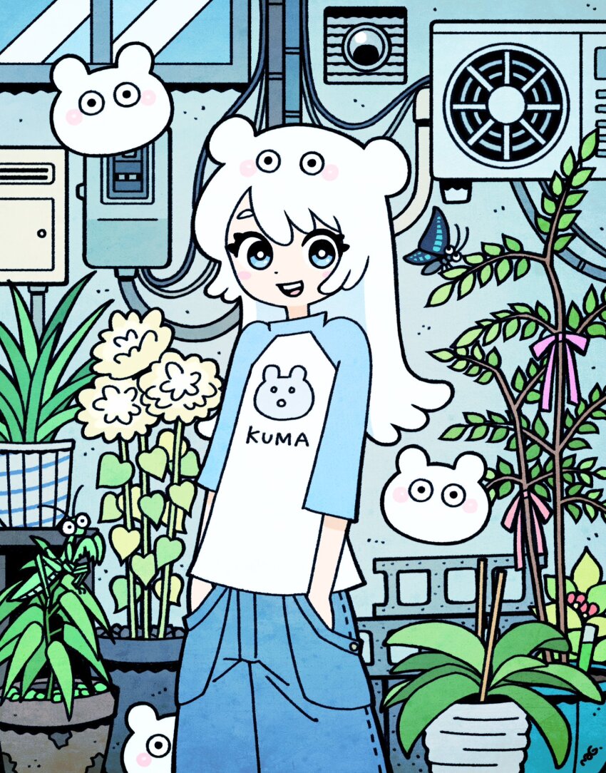 1girl animal_ears bear_ears blue_eyes blue_pants blue_sleeves blush_stickers bright_pupils bug butterfly cable cinder_block commentary_request condenser_unit cowboy_shot denim dot_nose garouma hair_between_eyes hands_in_pockets highres insect jeans long_hair looking_at_viewer open_mouth original pants plant potted_plant praying_mantis raglan_sleeves romaji_text shirt short_eyebrows three-quarter_sleeves smile solo standing teeth tongue upper_teeth_only white_hair white_pupils white_shirt window