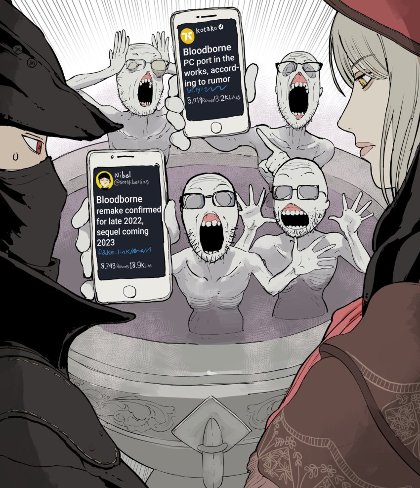 1girl 1other 4boys anachronism blank_eyes bloodborne cellphone cloak closed_mouth commentary emphasis_lines english_commentary english_text facial_hair fountain giganticbuddha glasses grey_hair hands_on_own_head hat highres hunter_(bloodborne) iphone kotaku looking_at_another mask meme messengers_(bloodborne) mouth_mask multiple_boys open_mouth phone plain_doll pointing red_eyes simple_background smartphone soyjak_(meme) standing stubble sweatdrop teeth twitter two_soyjaks_pointing_(meme) white_background wojak yellow_eyes