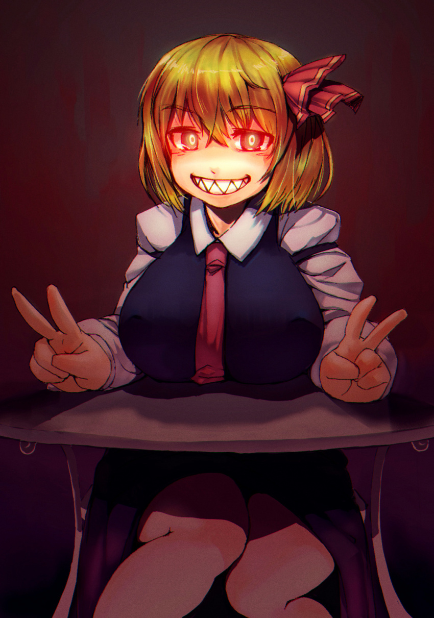 1girl anchors_(mono_eye_os) ascot black_vest blonde_hair fangs hair_ribbon highres non-web_source red_eyes ribbon rumia short_hair smile table touhou vest