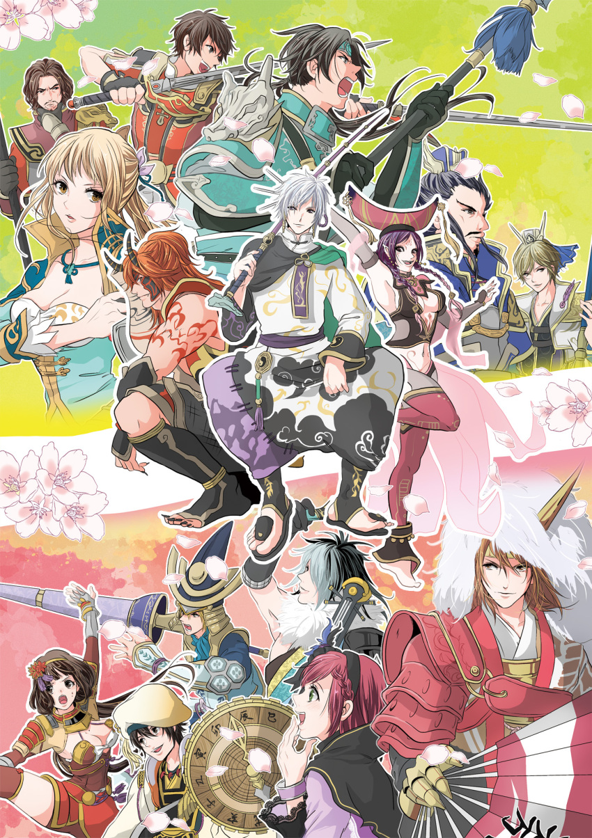 armor azai_nagamasa breasts cao_cao chosokabe_motochika cleavage da_ji guo_jia highres hosokawa_gracia ii_naotora ishida_mitsunari lu_xun_(shin_sangoku_musou) musou_orochi sengoku_musou shin_sangoku_musou smile takenaka_hanbei wang_yuanji_(shin_sangoku_musou) weapon zhao_yun