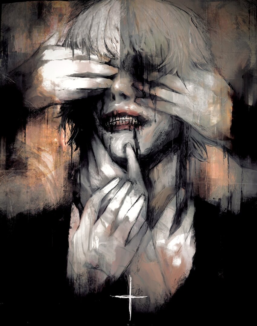 1boy abstract blood blood_from_mouth blood_on_mouth bloody_tears cross donato_porpora highres lips male_focus no_lineart nose old old_man painterly shadow shirt short_hair simple_background smile solo surrounded surrounded_by_hands teeth tokyo_ghoul xa8uofivf2mcart