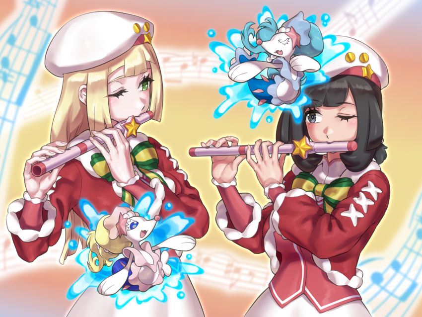 2girls alternate_color beanie black_eyes black_hair blonde_hair blue_eyes blue_hair blunt_bangs blush cosplay flute gen_7_pokemon green_eyes hat holding holding_flute holding_instrument instrument lillie_(holiday_2024)_(pokemon) lillie_(pokemon) lillie_(pokemon)_(cosplay) long_hair looking_at_another mizuumi_(bb) multiple_girls music musical_note nintendo official_alternate_costume one_eye_closed open_mouth pearl_hair_ornament playing_flute playing_instrument poke_flute pokemon pokemon_(creature) pokemon_masters_ex pokemon_sm primarina sea_lion selene_(pokemon) shiny_pokemon short_hair smile starfish_hair_ornament transverse_flute