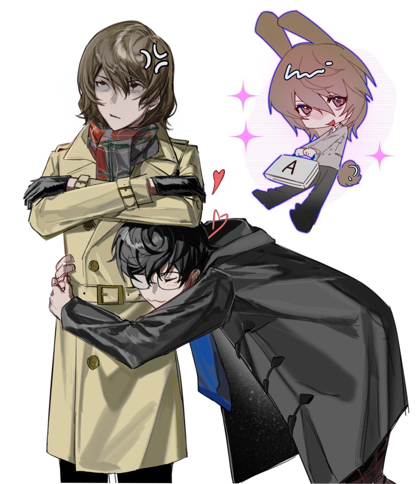 2boys :3 absurdres akechi_gorou amamiya_ren anger_vein animal_ears annoyed baobing belt black_coat black_gloves black_hair black_pants black_shoes briefcase brown_hair chinese_commentary closed_eyes closed_mouth coat collared_shirt commentary_request crossed_arms deformed glasses gloves grey_jacket hair_between_eyes heart highres holding holding_briefcase hood hood_down hooded_coat hug jacket kemonomimi_mode male_focus medium_hair multiple_boys open_clothes open_coat open_mouth pants persona persona_5 plaid_clothes plaid_scarf rabbit_boy rabbit_ears rabbit_tail red_eyes red_pupils scarf shaded_face shirt shoes short_hair smile sparkle tail trench_coat white_shirt yaoi yellow_belt yellow_coat