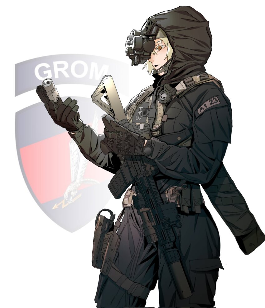 1girl assault_rifle black_gloves black_jacket blonde_hair bulletproof_vest commentary commission corrupted_twitter_file english_commentary glock gloves gun h&amp;k_hk416 handgun highres holding holding_gun holding_magazine_(weapon) holding_weapon holster hood hooded_jacket jacket leg_holster magazine_(weapon) maxturbo69 mechanix_wear microphone night_vision_device open_mouth orange_eyes original rifle short_hair simple_background solo tactical_clothes watch weapon white_background wristwatch