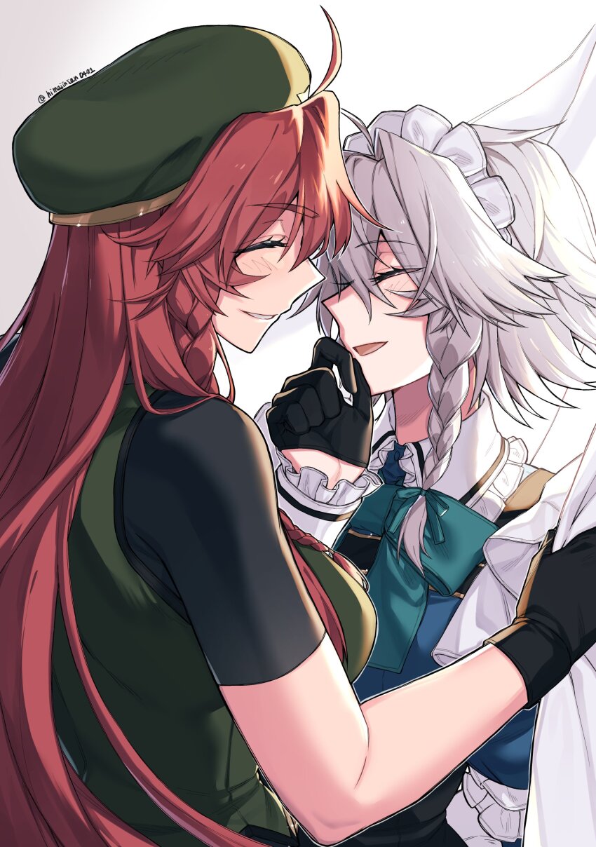 2girls absurdres apron ascot blush bow braid breasts couple frilled_ascot frilled_hair_tubes frills gloves green_bow grey_hair hair_bow hair_tubes hat hat_ornament highres himadera hong_meiling izayoi_sakuya long_hair maid maid_apron maid_headdress multiple_girls puffy_sleeves short_hair simple_background smile star_(symbol) star_hat_ornament touhou twin_braids twitter_username white_background yuri