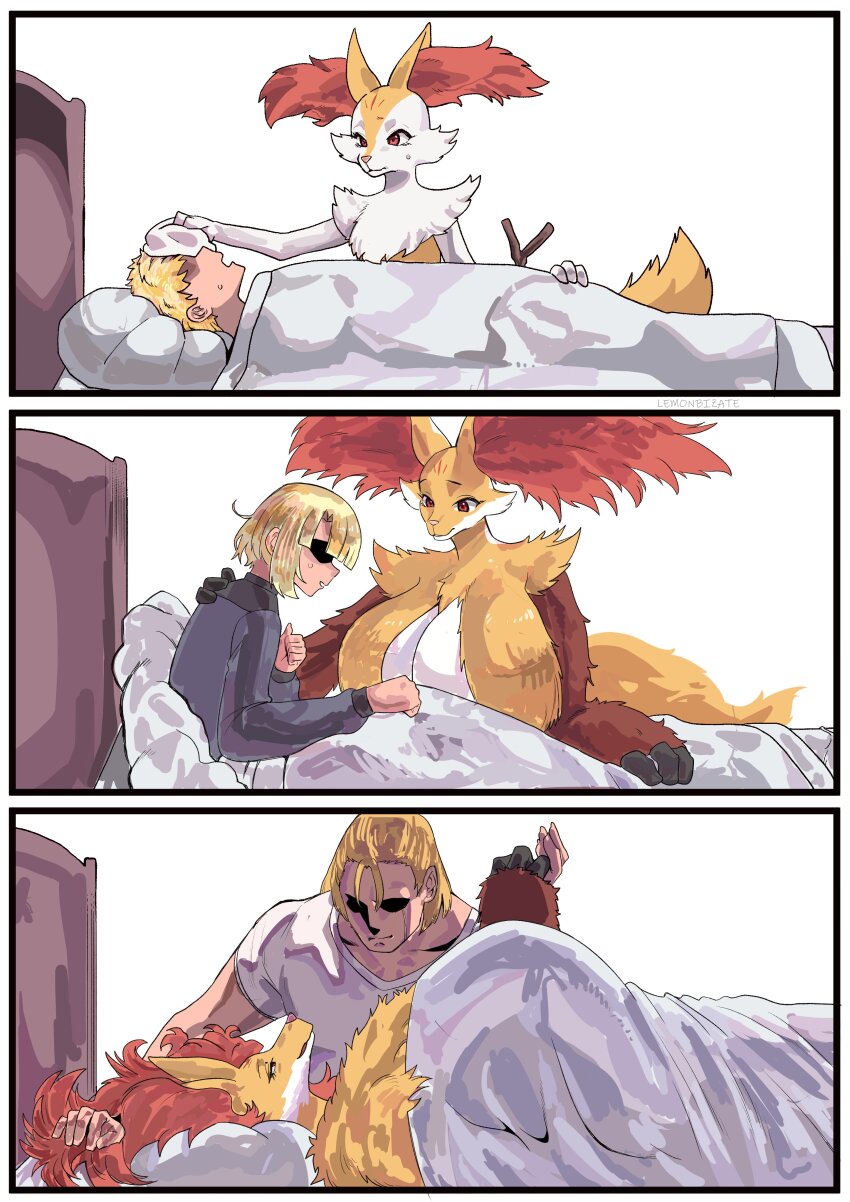 1boy absurdres age_progression animal_ear_fluff animal_ears animal_nose bed blonde_hair body_fur braixen breasts cleavage delphox fox_ears furry furry_female gen_6_pokemon gigantic_breasts hand_on_another&#039;s_hand highres medium_hair nintendo old pokemon pokemon_(creature) short_hair sick simonbutt6 simple_background snout tail under_covers white_background white_fur yellow_fur