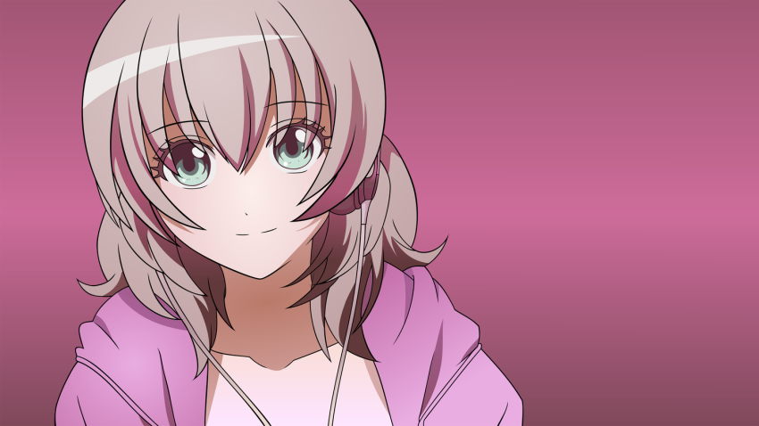 10s 1girl binbougami_ga! close derivative_work female_focus green_eyes grey_hair headphones pink_theme sakura_ichiko short_hair solo vector_trace