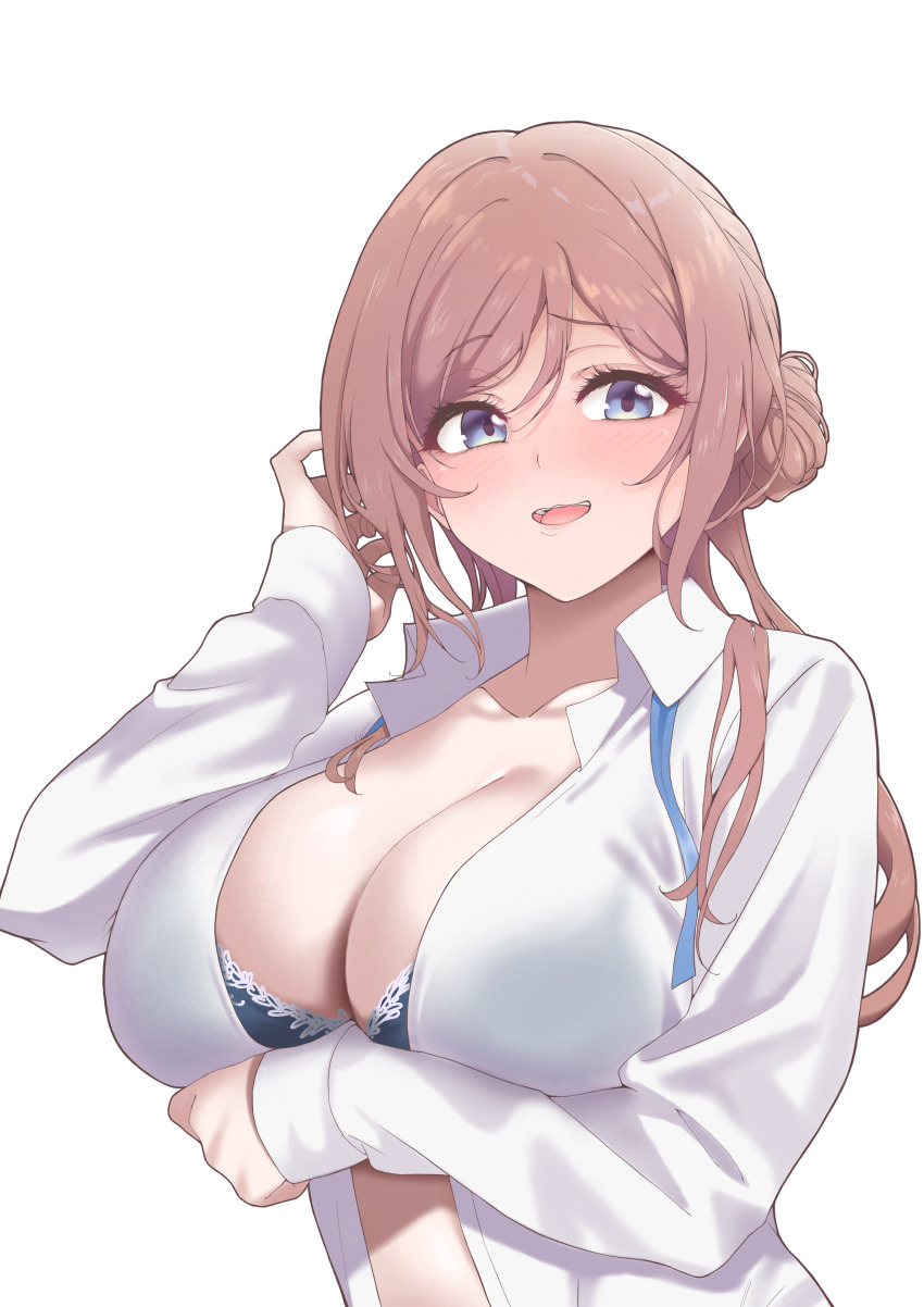 1girl absurdres arm_under_breasts black_bra blue_eyes blush bra bra_peek breasts brown_hair cleavage commentary_request gakuen_idolmaster hair_bun highres himesaki_rinami idolmaster large_breasts long_hair long_sleeves looking_at_viewer murasame_(jhrdtc) open_clothes open_mouth open_shirt simple_background single_hair_bun solo teeth tongue underwear upper_body upper_teeth_only white_background
