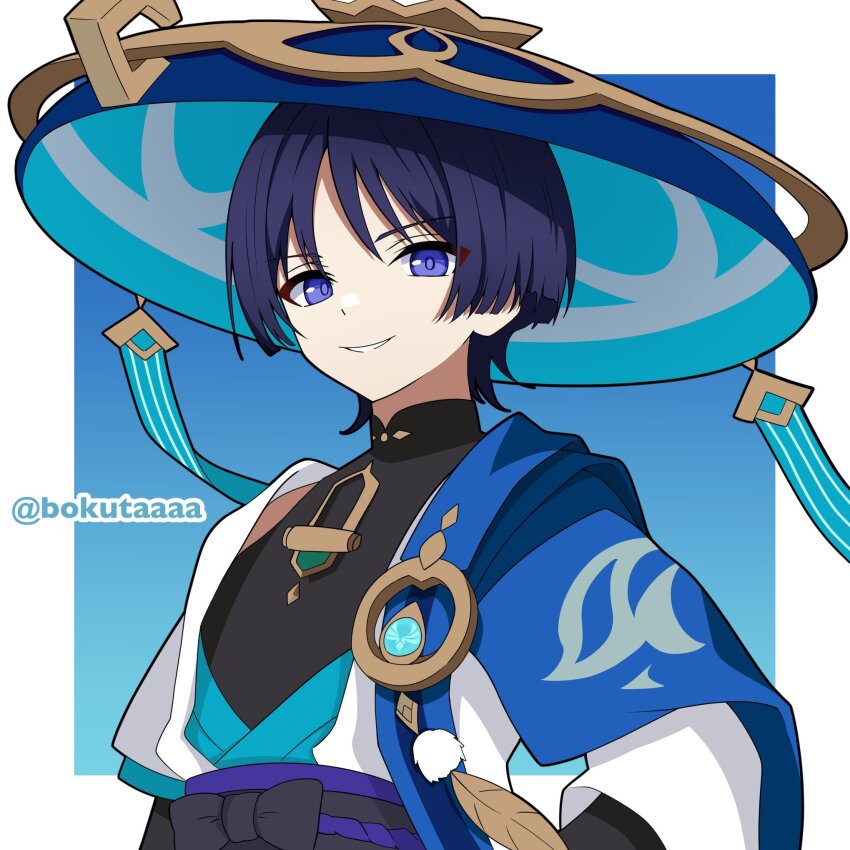 1boy anemo_symbol_(genshin_impact) arms_at_sides black_bodysuit black_bow blue_background blue_cape blue_gemstone blue_hat blue_kimono blue_sleeves blunt_ends bodysuit bokutaaaa border bow cape eyeliner eyeshadow gem genshin_impact gold hat highres japanese_clothes jingasa juban kimono layered_sleeves looking_at_viewer makeup male_focus mandarin_collar open_clothes open_kimono parted_lips purple_eyes purple_hair red_eyeliner red_eyeshadow scaramouche_(genshin_impact) short_sleeves shoulder_peek smile solo tsurime twitter_username upper_body vision_(genshin_impact) wanderer_(genshin_impact) white_border white_kimono white_mouth white_sleeves white_trim wispy_bangs